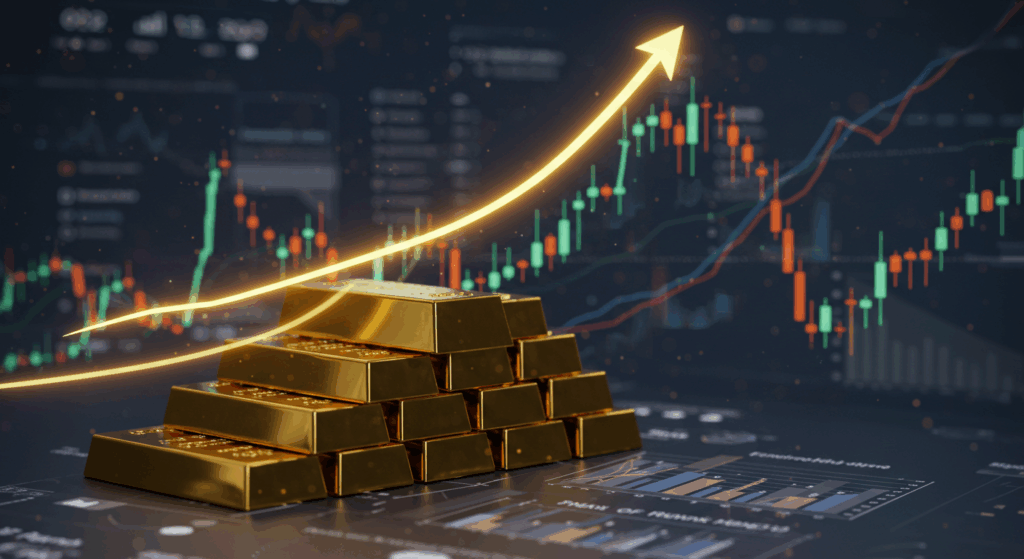 Gold prices rise on CPI data and Fed rate cut expectations, shown with gold bars, graphs, and inflation visuals.