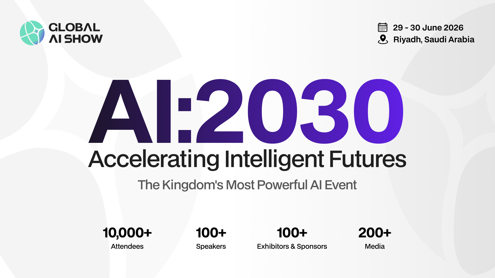 Global AI Show in Riyadh with technology leaders, AI visuals, digital innovation, and futuristic conference atmosphere.