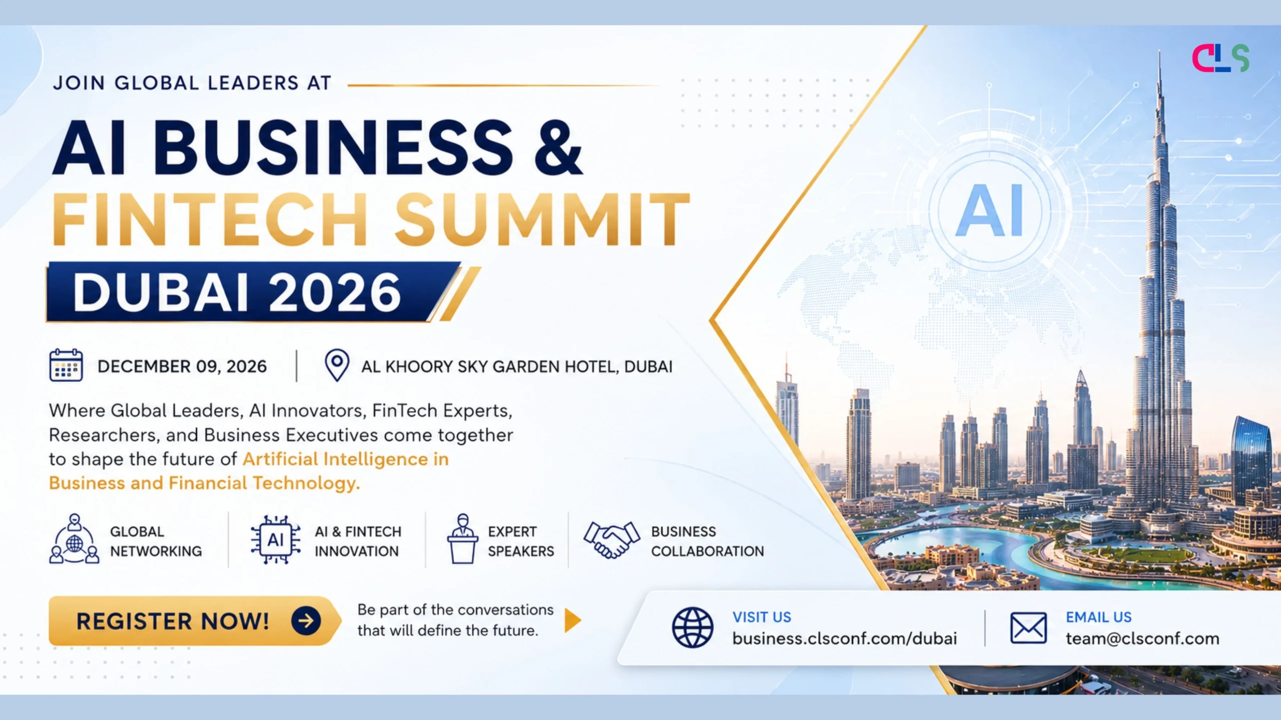 Global AI, business, and FinTech leaders networking at a premium technology summit in Dubai.